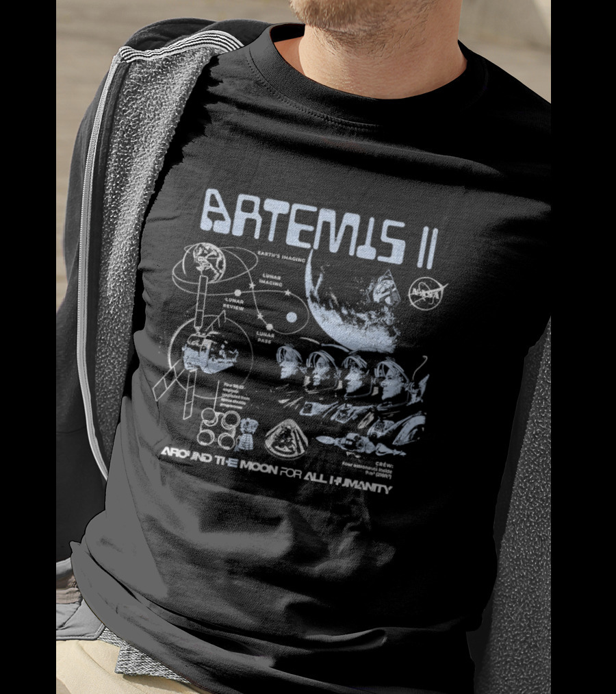 Artemis II Lunar Mission Trajectory And Astronaut Crew Exploration Around The Moon For All Humanity T-Shirt