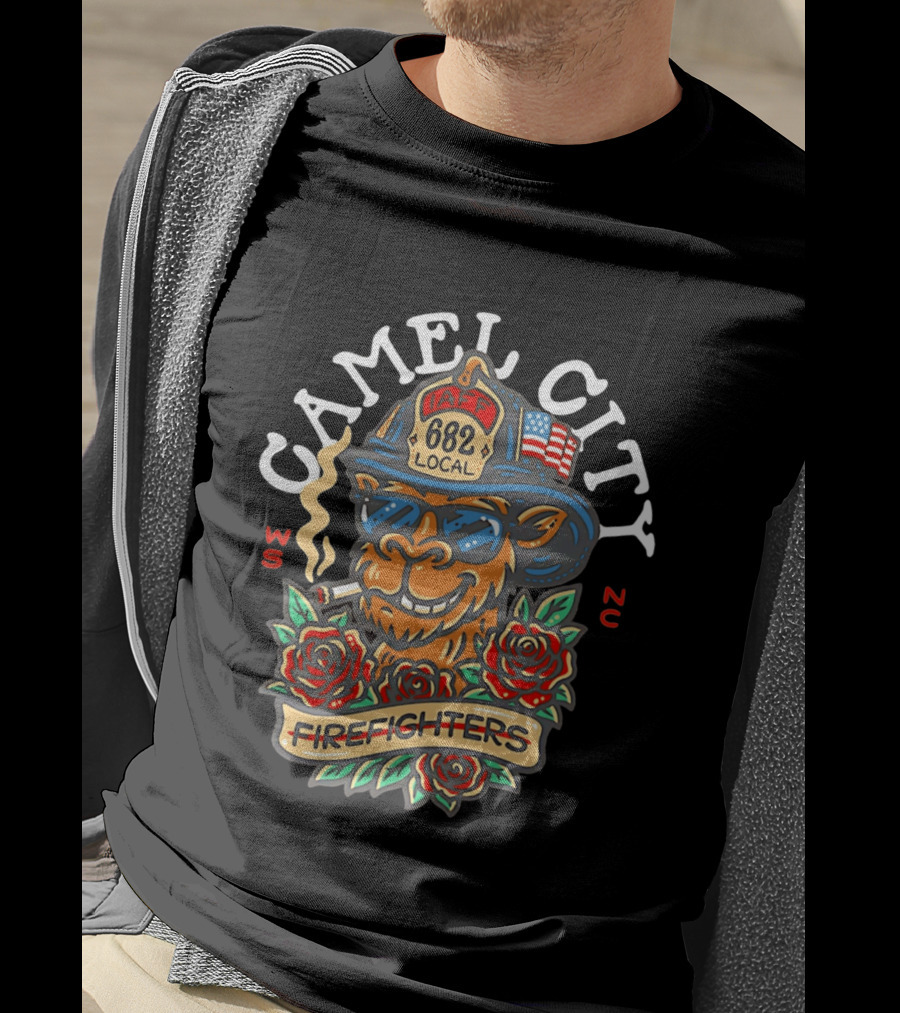 Camel City Local 682 Firefighters Smoking Camel With Roses USA Flag WS NC T-Shirt