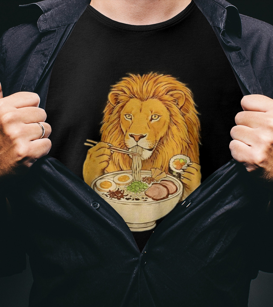 King Lion Eating Ramen Noodles With Sushi Meme T-Shirt
