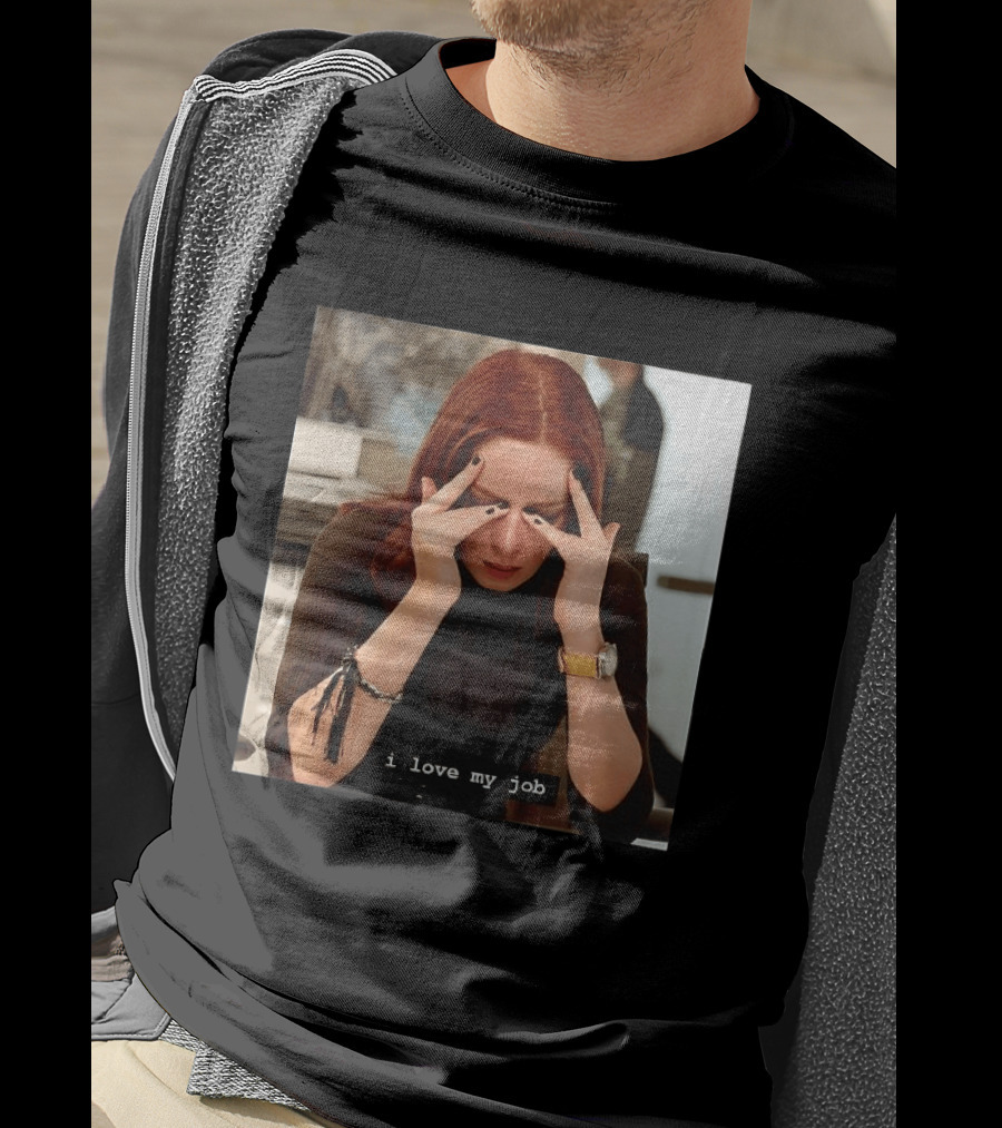 I Love My Job Stressed Woman With Red Hair Black Nails Yellow T-Shirt