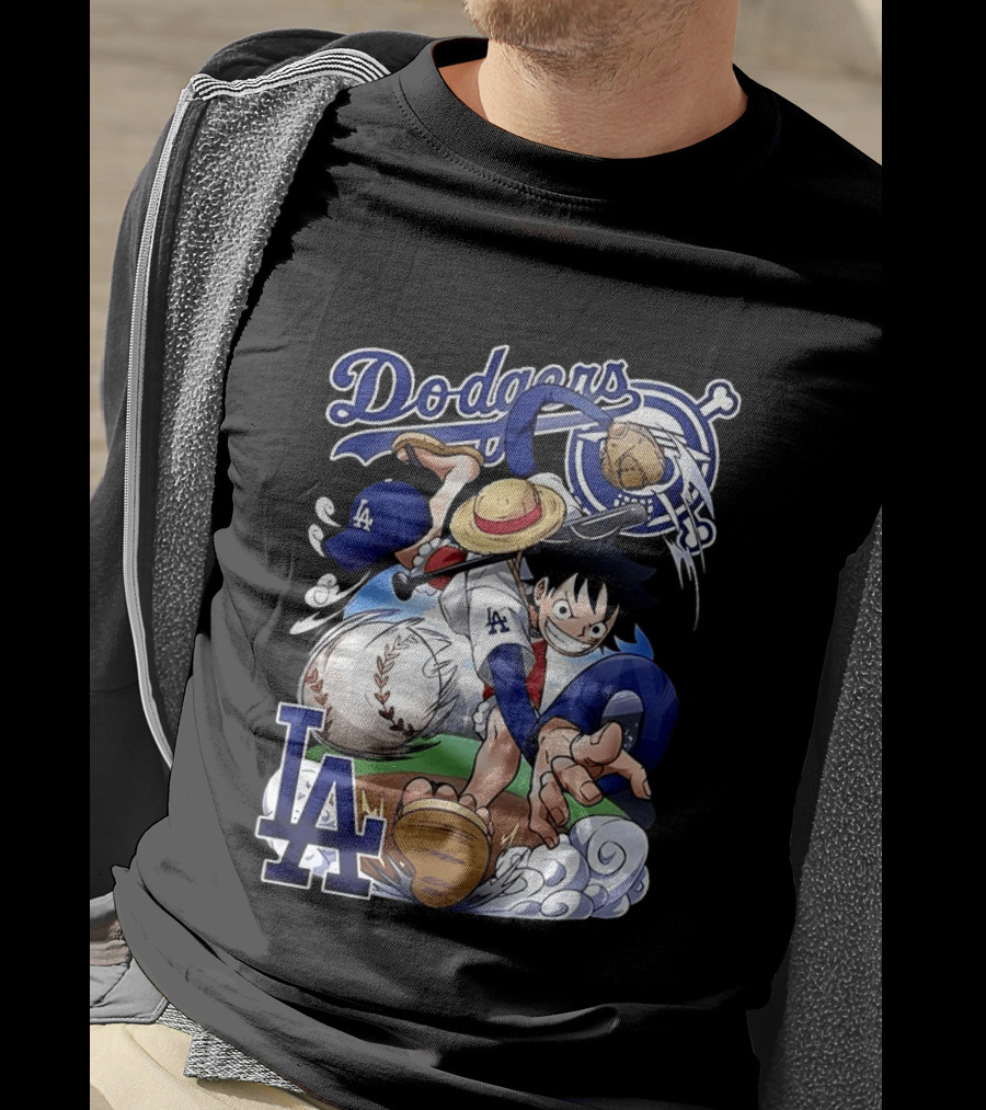 Luffy Los Angeles Dodgers One Piece Anime Crossover MLB Collaboration T-Shirt