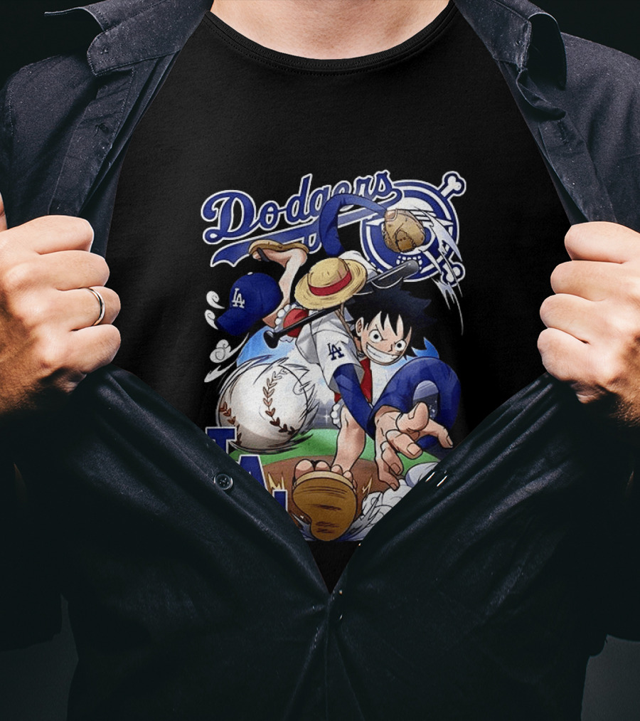 Luffy Los Angeles Dodgers One Piece Anime Crossover MLB Collaboration T-Shirt