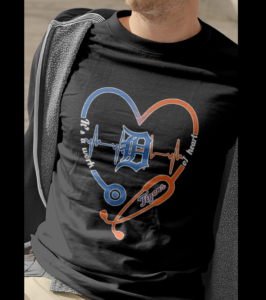 Detroit Tigers Heartbeat Stethoscope Work Of Heart T-Shirt