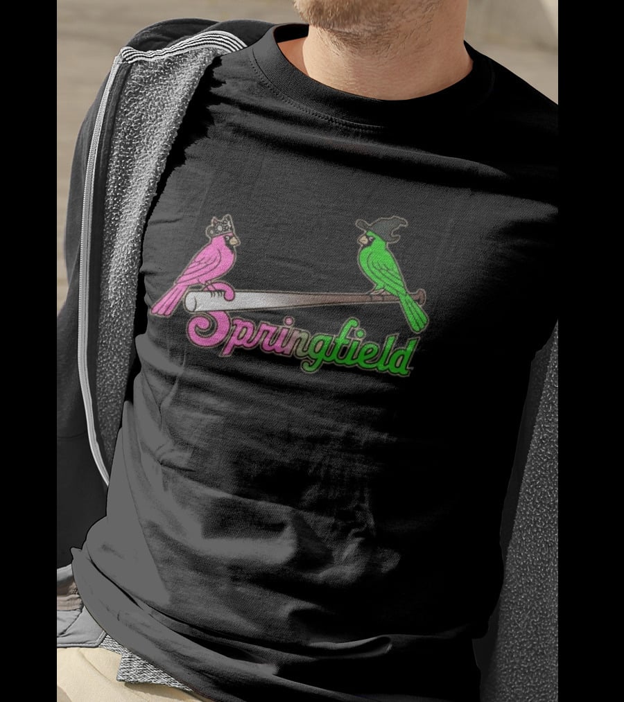 Springfield Cardinals Pink And Green Birds With Crown And Witch Hat Baseball Bat T-Shirt