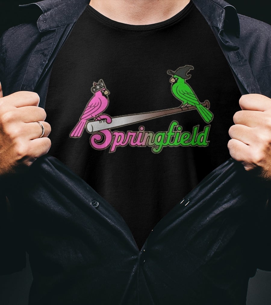 Springfield Cardinals Pink And Green Birds With Crown And Witch Hat Baseball Bat T-Shirt