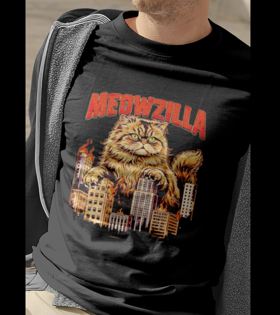 Meowzilla Giant Cat Rampage Over Burning City Skyline T-Shirt