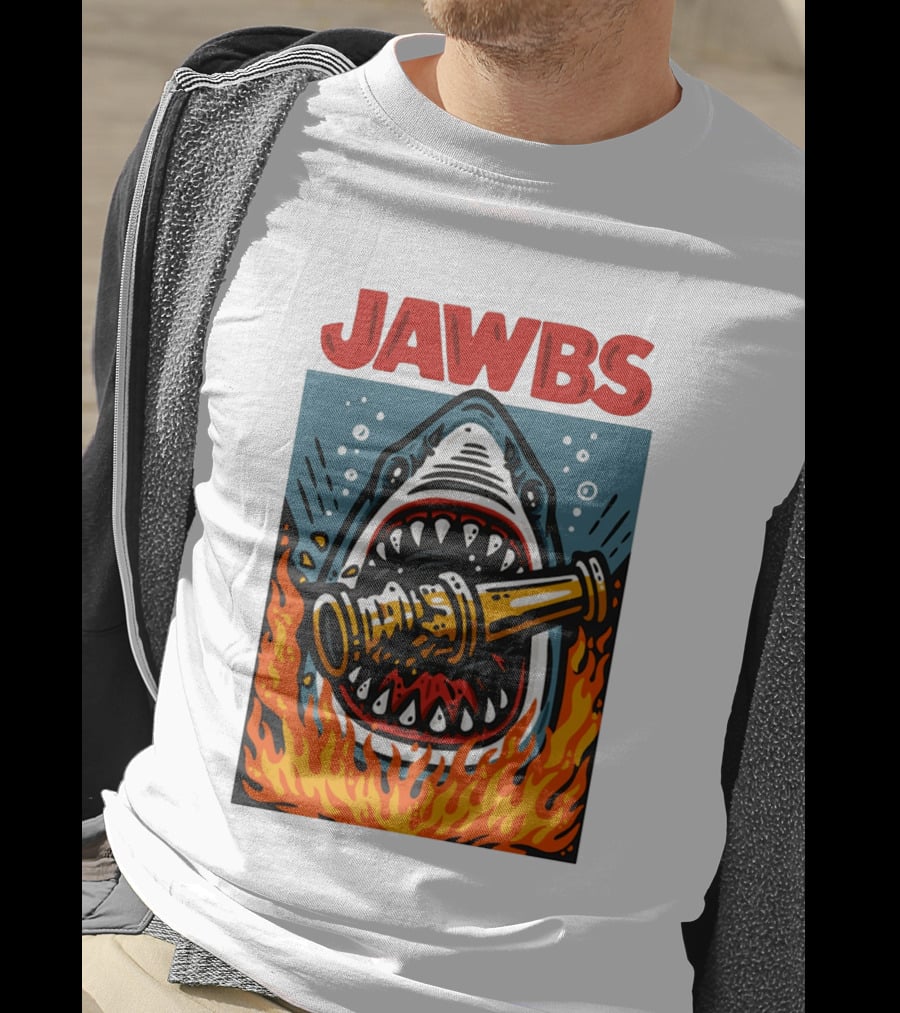 JAWS Jawbs Shark Biting Fire Hose Surrounded By Flames T-Shirt