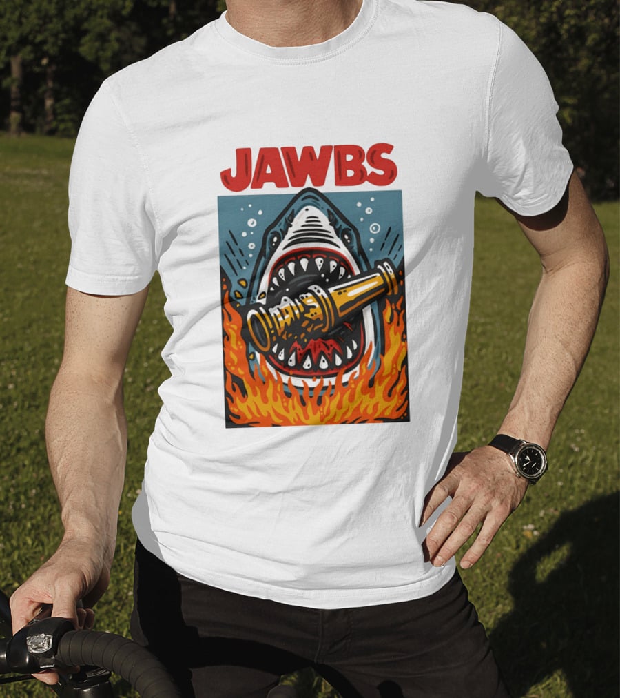 JAWS Jawbs Shark Biting Fire Hose Surrounded By Flames T-Shirt