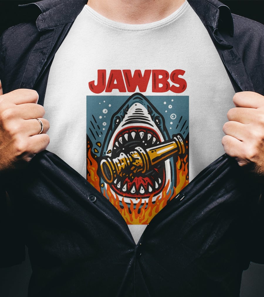 JAWS Jawbs Shark Biting Fire Hose Surrounded By Flames T-Shirt