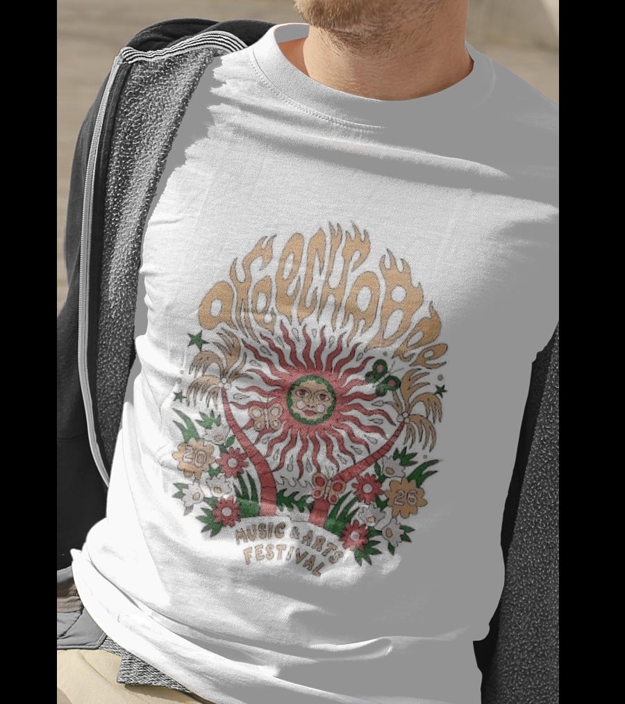 Okeechobee Music And Arts Festival 2026 Sun Illustration With Palm Trees And Floral Accents T-Shirt
