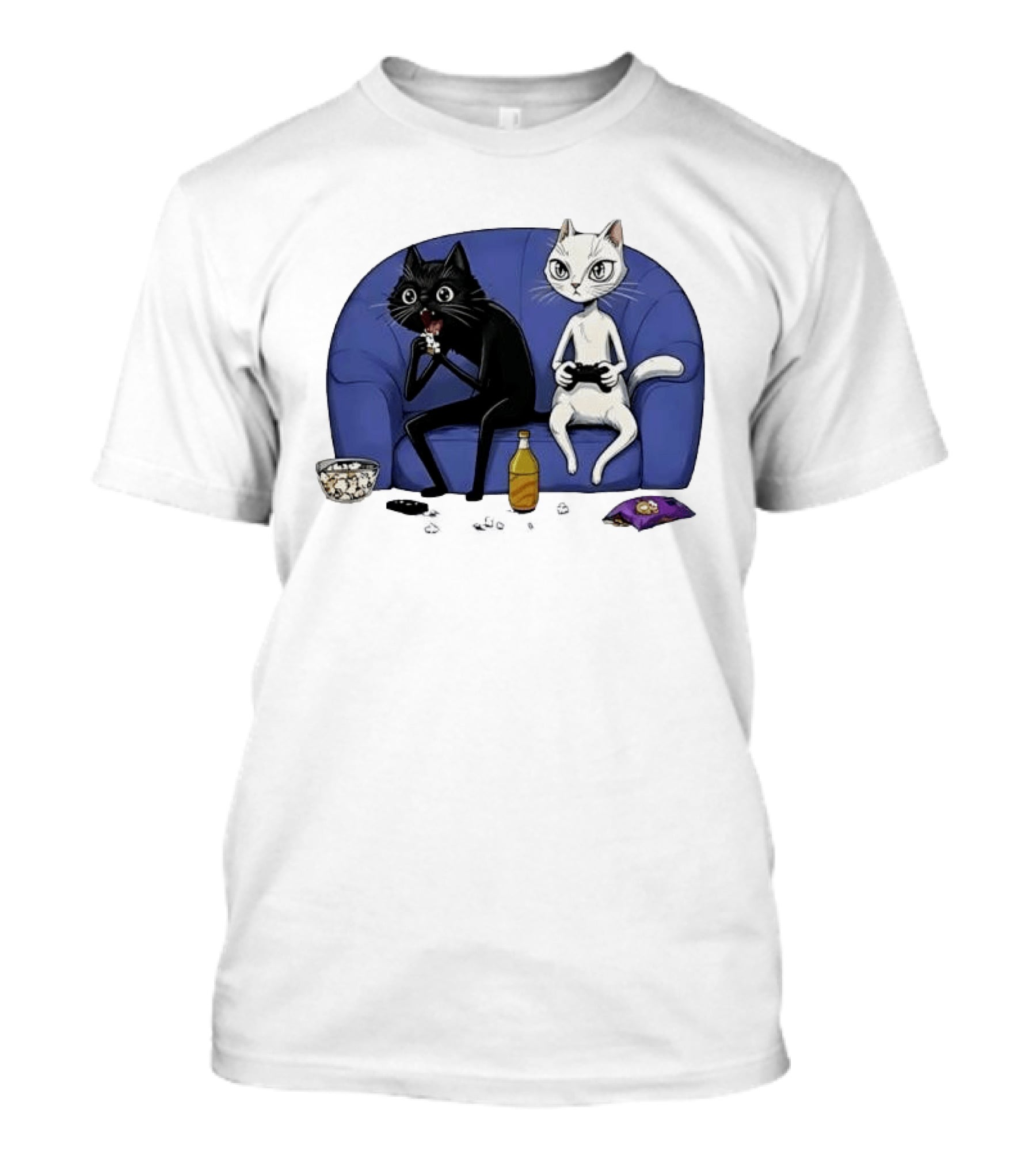 Two Cats One Couch Endless Fun Playing Games With Snacks And Popcorn T-Shirt