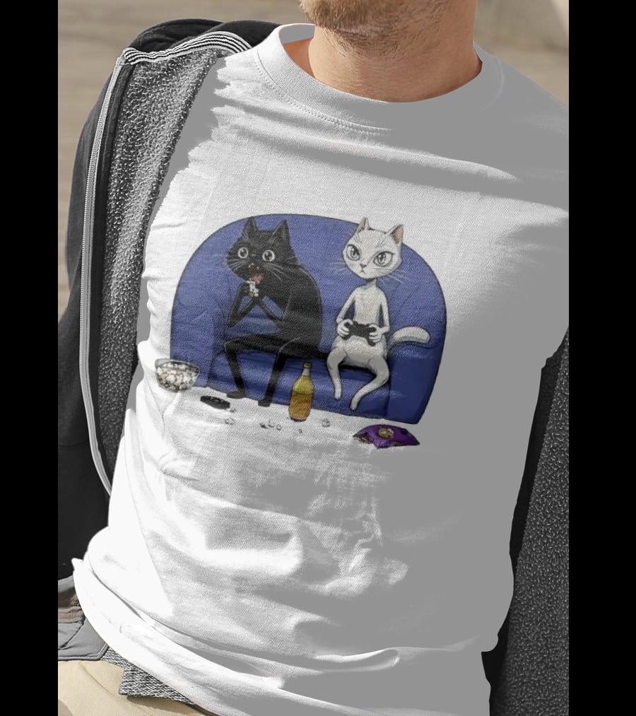 Two Cats One Couch Endless Fun Playing Games With Snacks And Popcorn T-Shirt