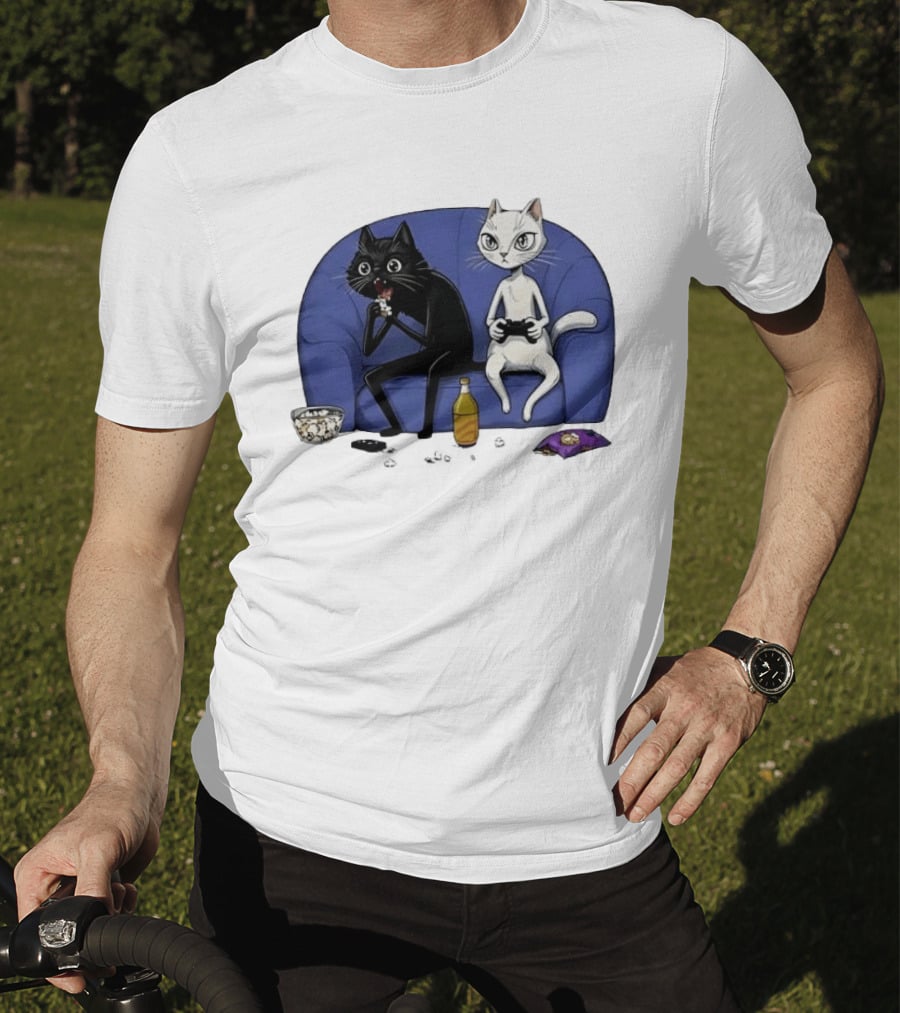 Two Cats One Couch Endless Fun Playing Games With Snacks And Popcorn T-Shirt