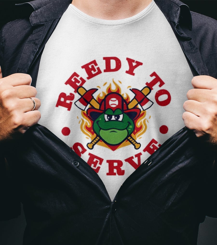 Reedy To Serve Reedy Rip'it The Frog Greenville Drive Baseball Firefighter T-Shirt