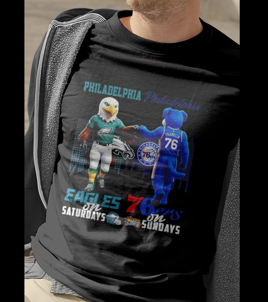 Philadelphia Eagles Vs 76ers Franklin Mascots Saturdays Sundays City Skyline T-Shirt