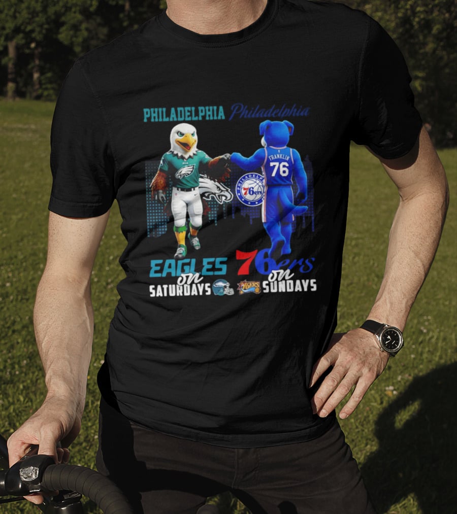 Philadelphia Eagles Vs 76ers Franklin Mascots Saturdays Sundays City Skyline T-Shirt