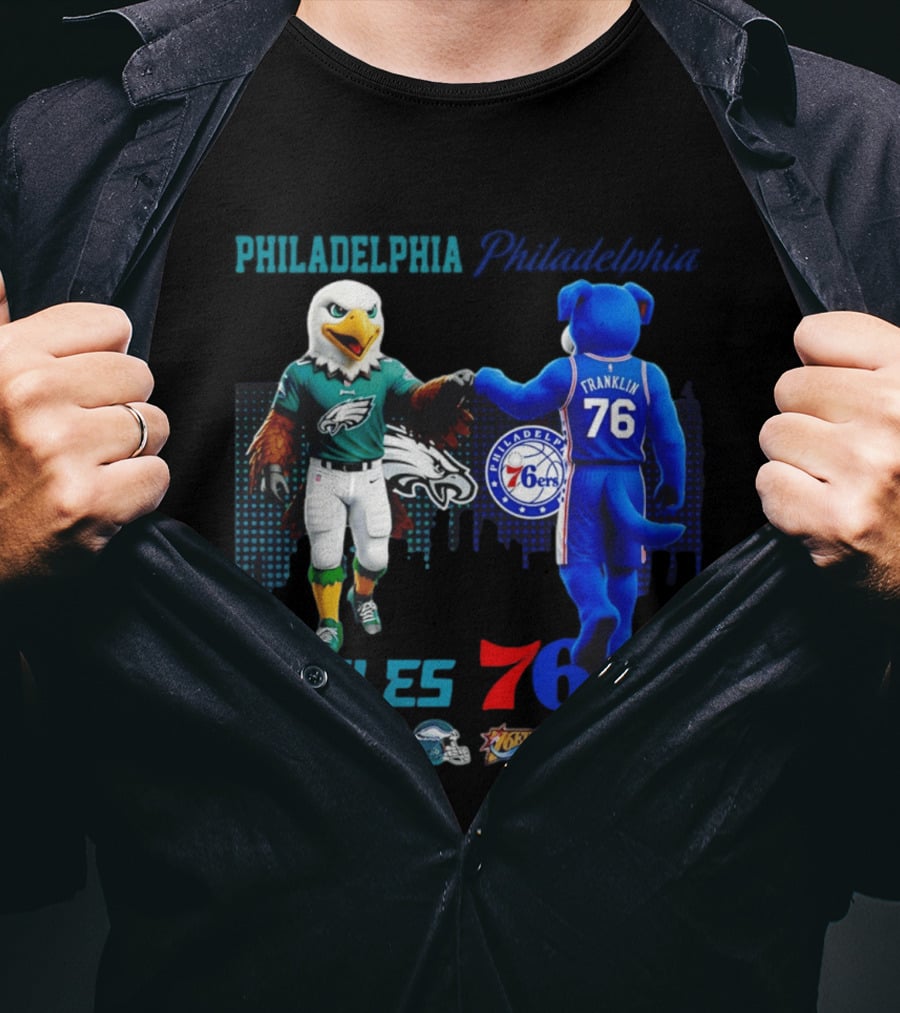 Philadelphia Eagles Vs 76ers Franklin Mascots Saturdays Sundays City Skyline T-Shirt