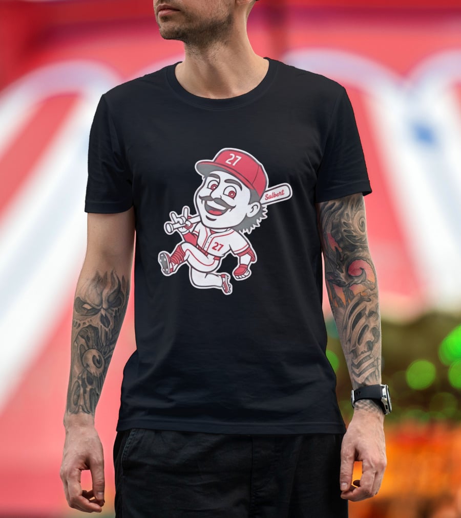 Cincinnati Reds Sal Stewart Number 27 Cartoon Player With Salbert Bat T-Shirt