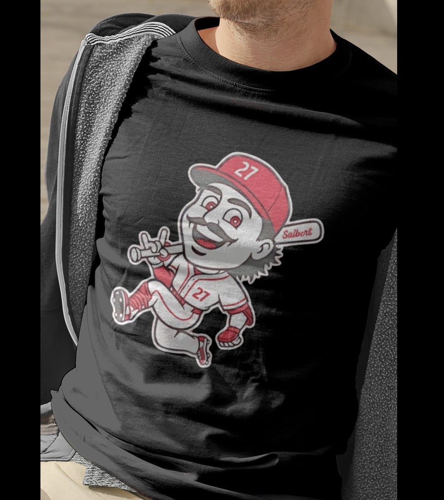 Cincinnati Reds Sal Stewart Number 27 Cartoon Player With Salbert Bat T-Shirt