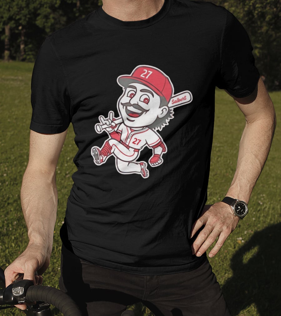 Cincinnati Reds Sal Stewart Number 27 Cartoon Player With Salbert Bat T-Shirt