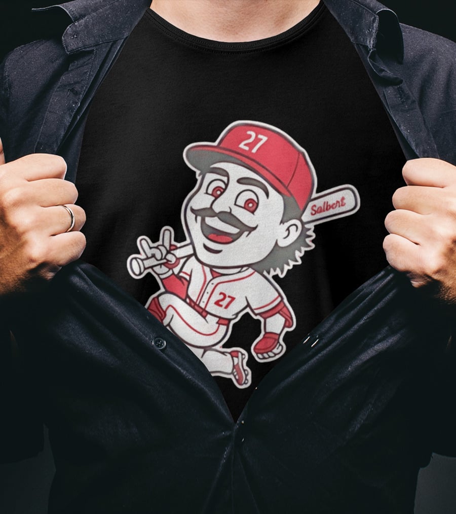 Cincinnati Reds Sal Stewart Number 27 Cartoon Player With Salbert Bat T-Shirt