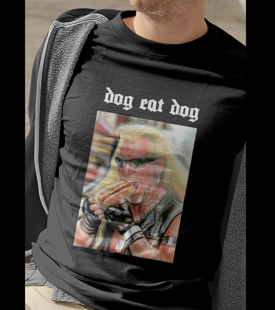 Dog Eat Dog Man Eating Hot Dog Sunglasses Blonde Long Hair T-Shirt