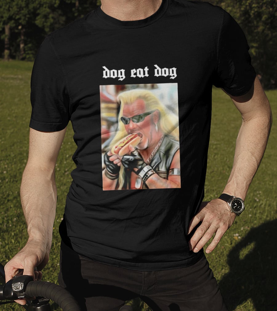 Dog Eat Dog Man Eating Hot Dog Sunglasses Blonde Long Hair T-Shirt