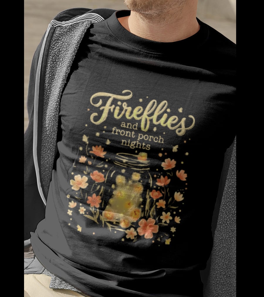 Fireflies And Front Porch Nights Rustic Mason Jar Fireflies Floral T-Shirt