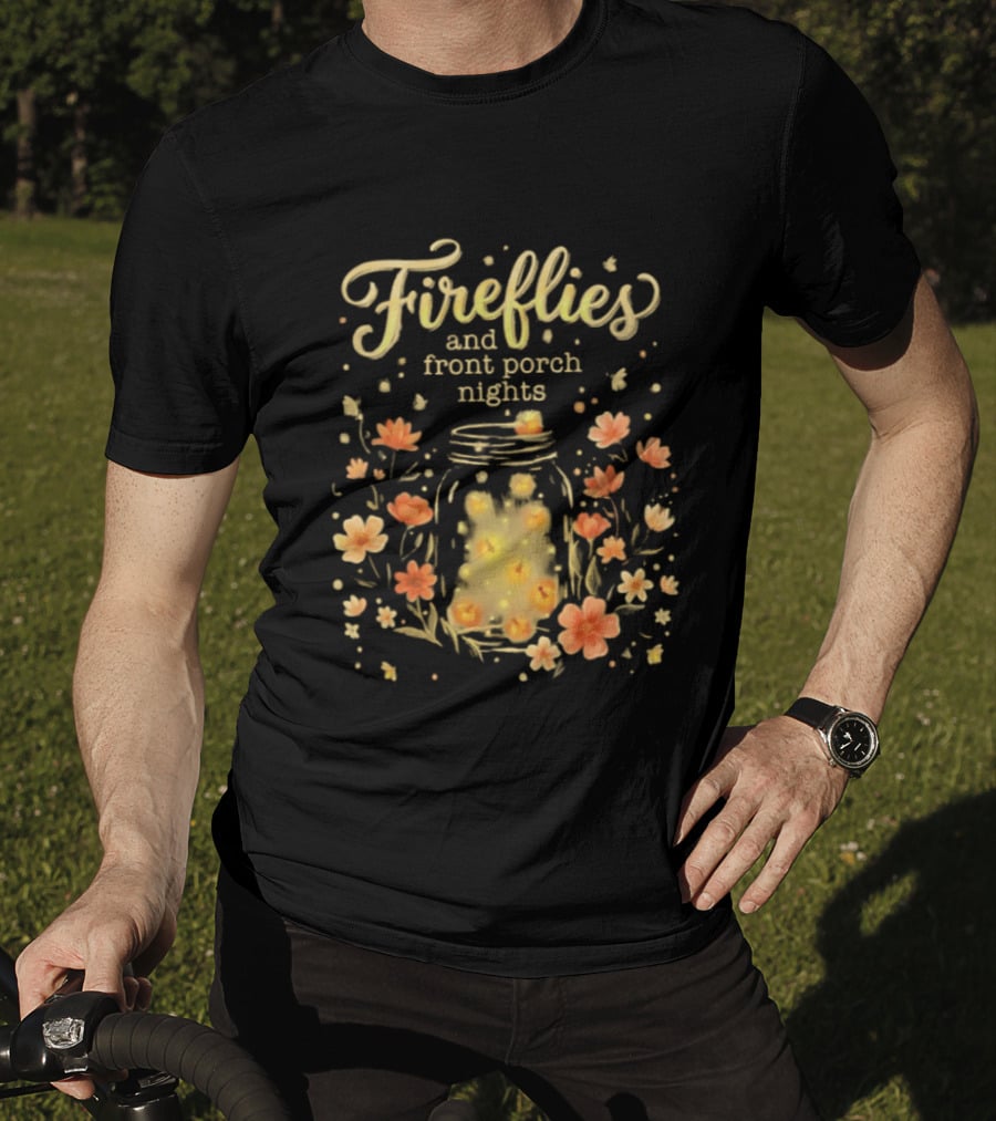 Fireflies And Front Porch Nights Rustic Mason Jar Fireflies Floral T-Shirt