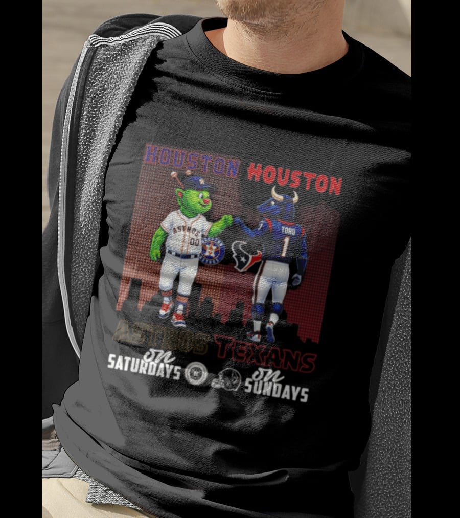 Houston Astros Orbit And Houston Texans Toro Skyline Saturdays Vs Sundays T-Shirt