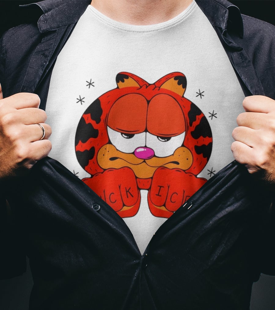 Orange Cat Garfield Meme Fuck Ice Hand Tattoos T-Shirt