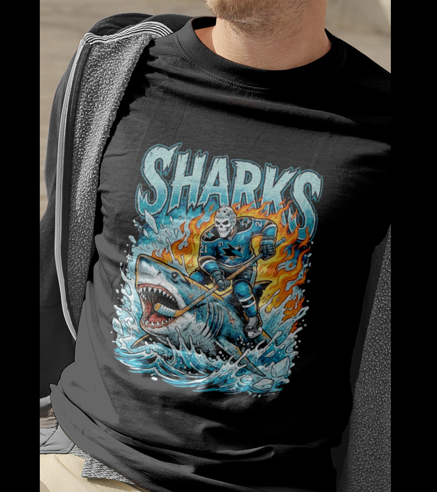 San Jose Sharks Hockey Player Riding Shark With Flames And Ice T-Shirt