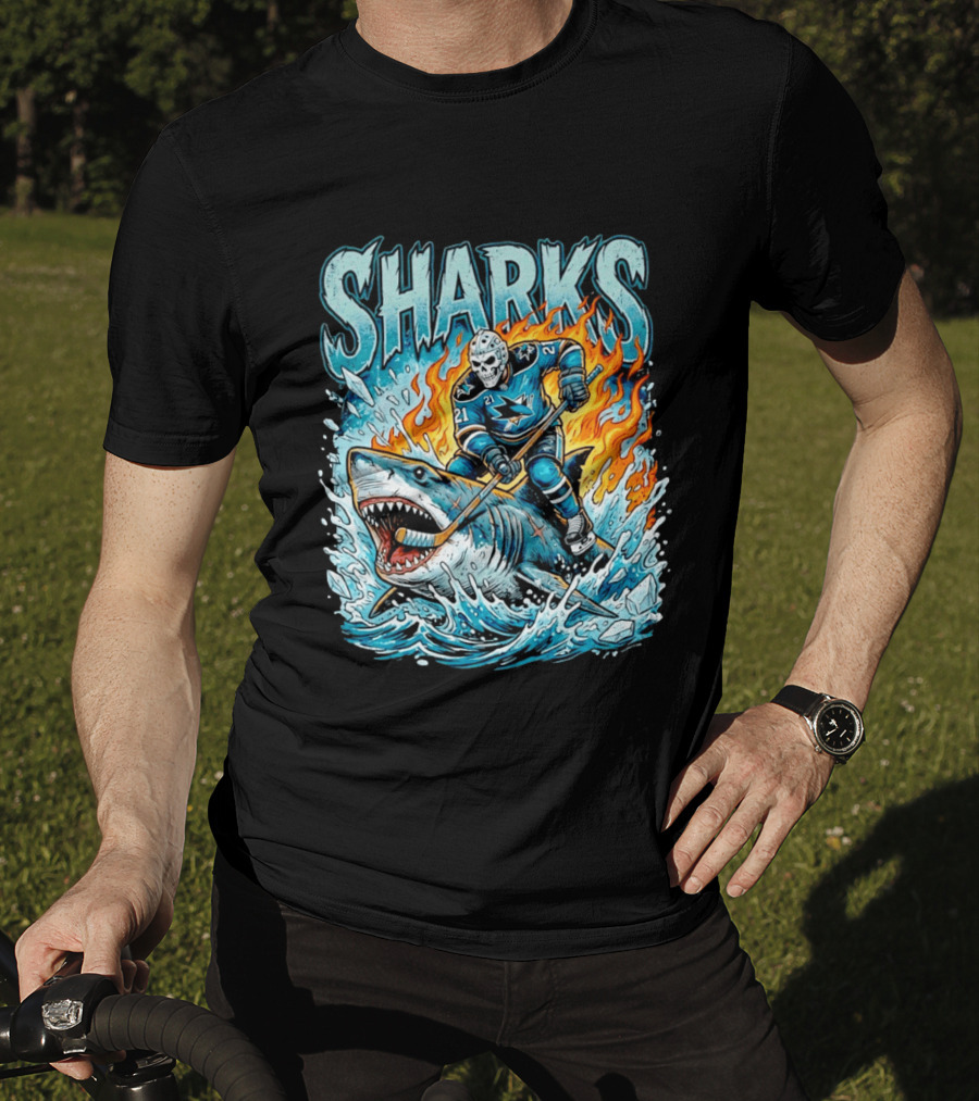 San Jose Sharks Hockey Player Riding Shark With Flames And Ice T-Shirt