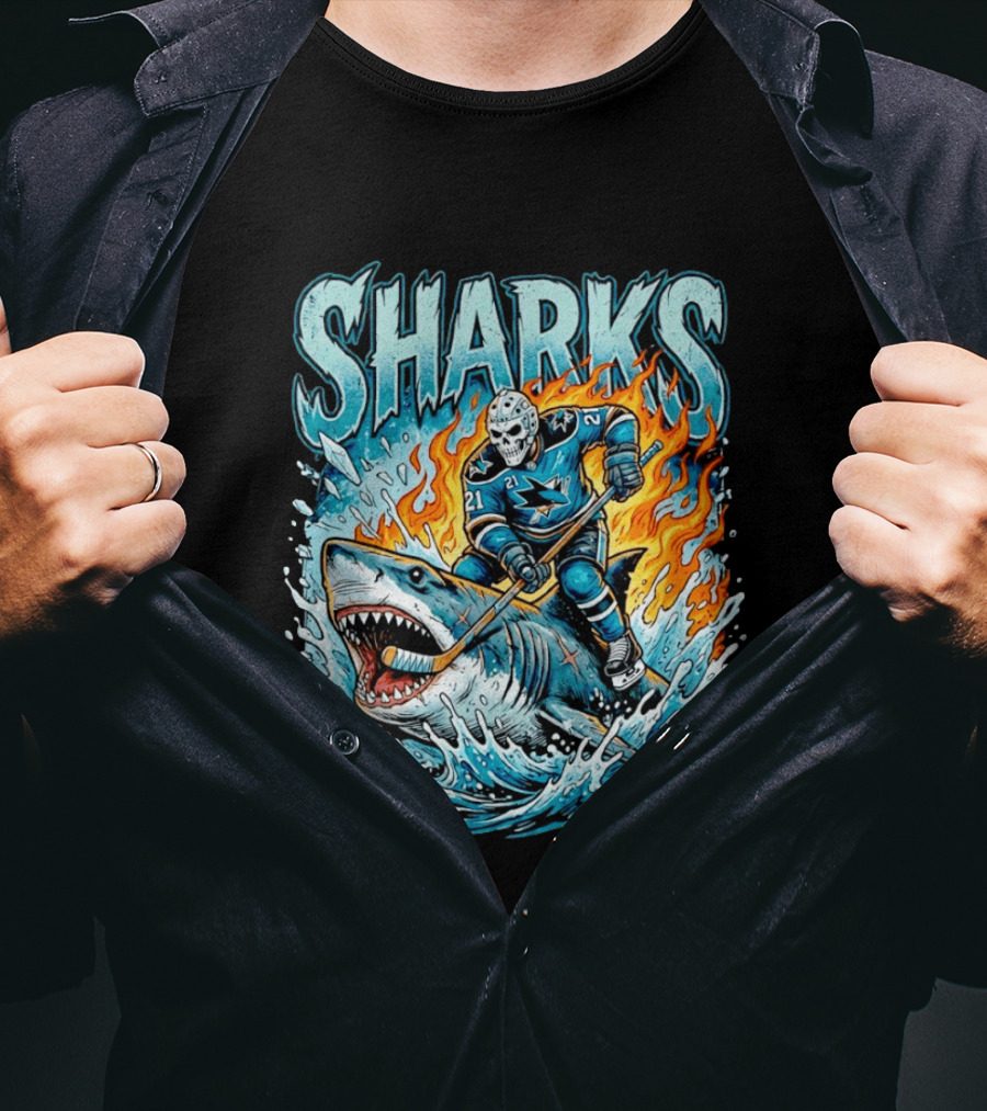 San Jose Sharks Hockey Player Riding Shark With Flames And Ice T-Shirt