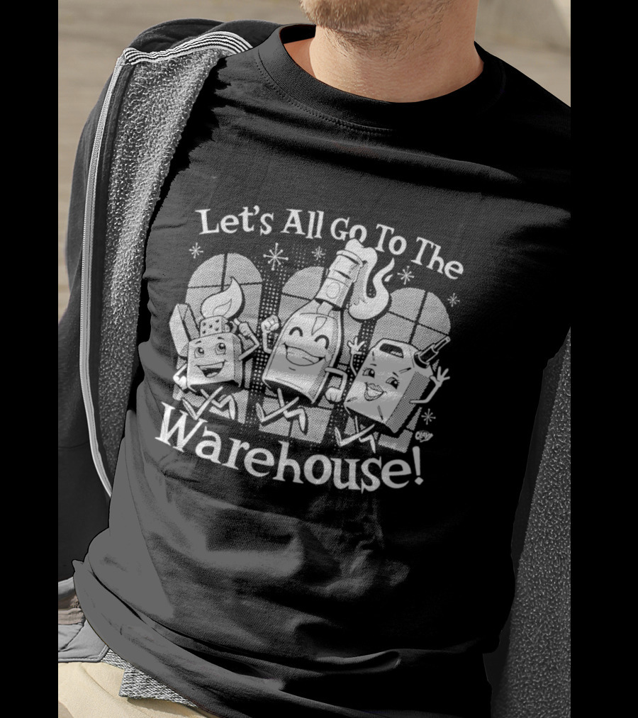 Let's All Go To The Warehouse Cartoon Characters With Drinks T-Shirt