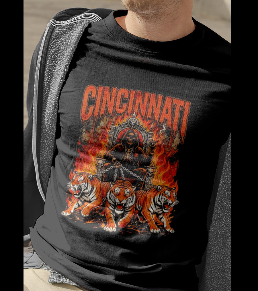 Cincinnati Skull Tiger Throne Fire Chains T-Shirt