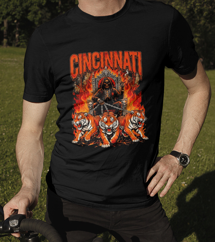 Cincinnati Skull Tiger Throne Fire Chains T-Shirt