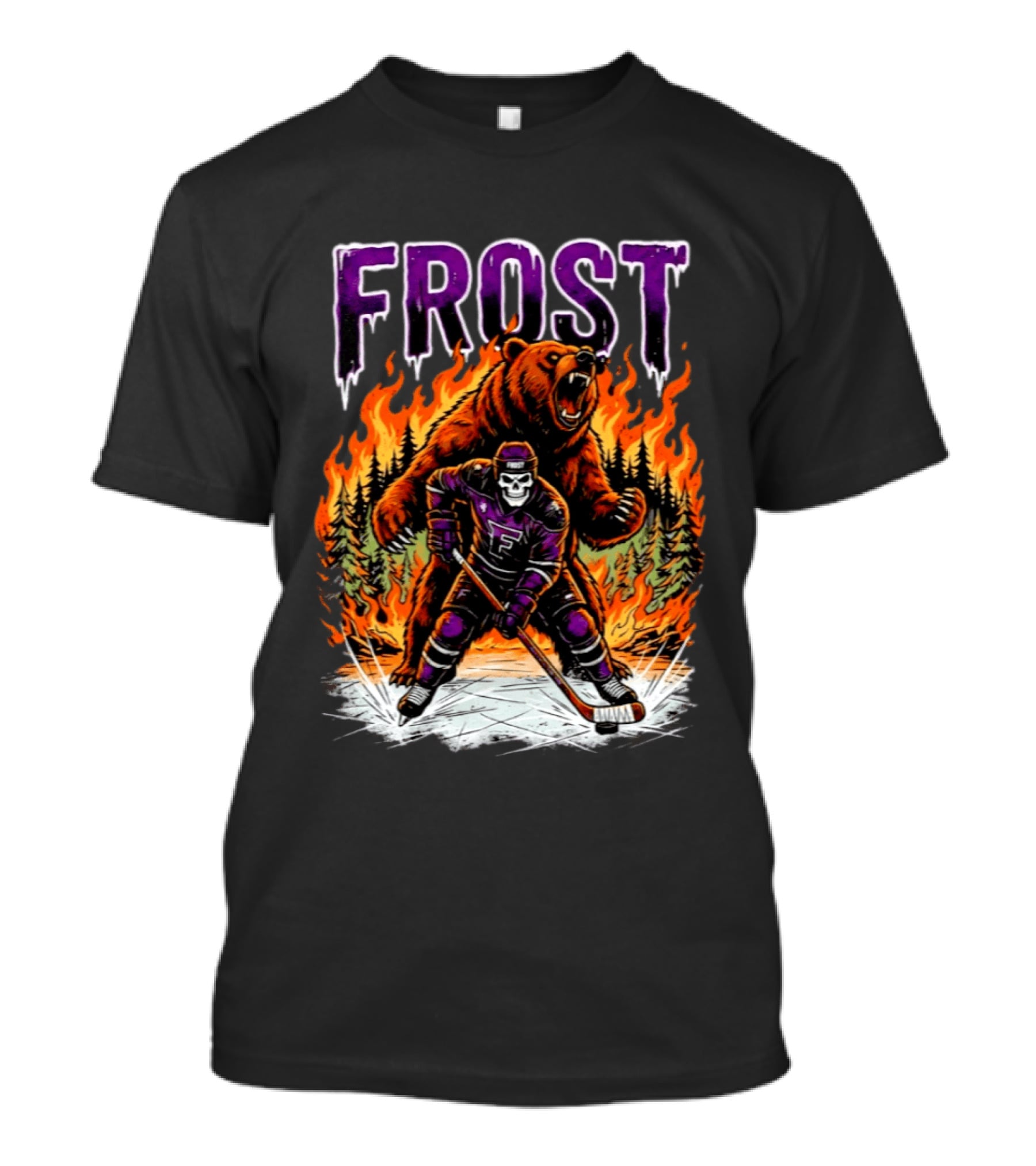 Frost Minnesota Hockey Skull Bear Flames Ice Rink T-Shirt