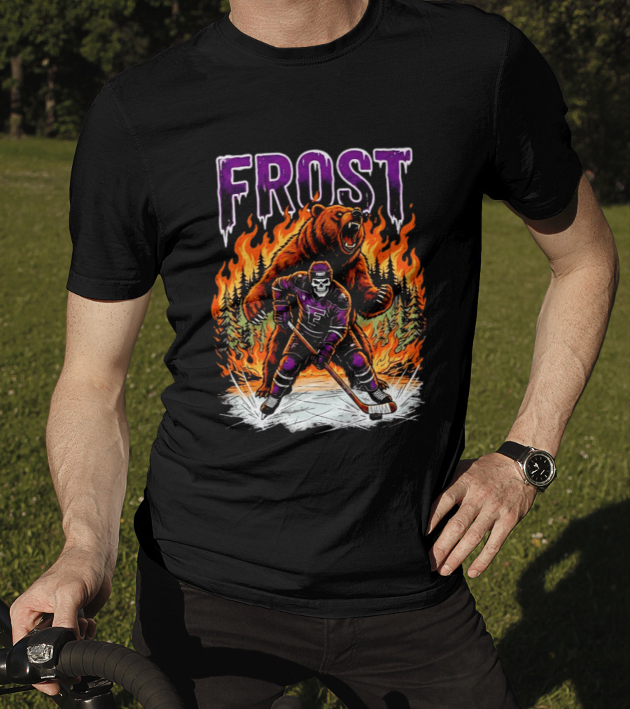 Frost Minnesota Hockey Skull Bear Flames Ice Rink T-Shirt