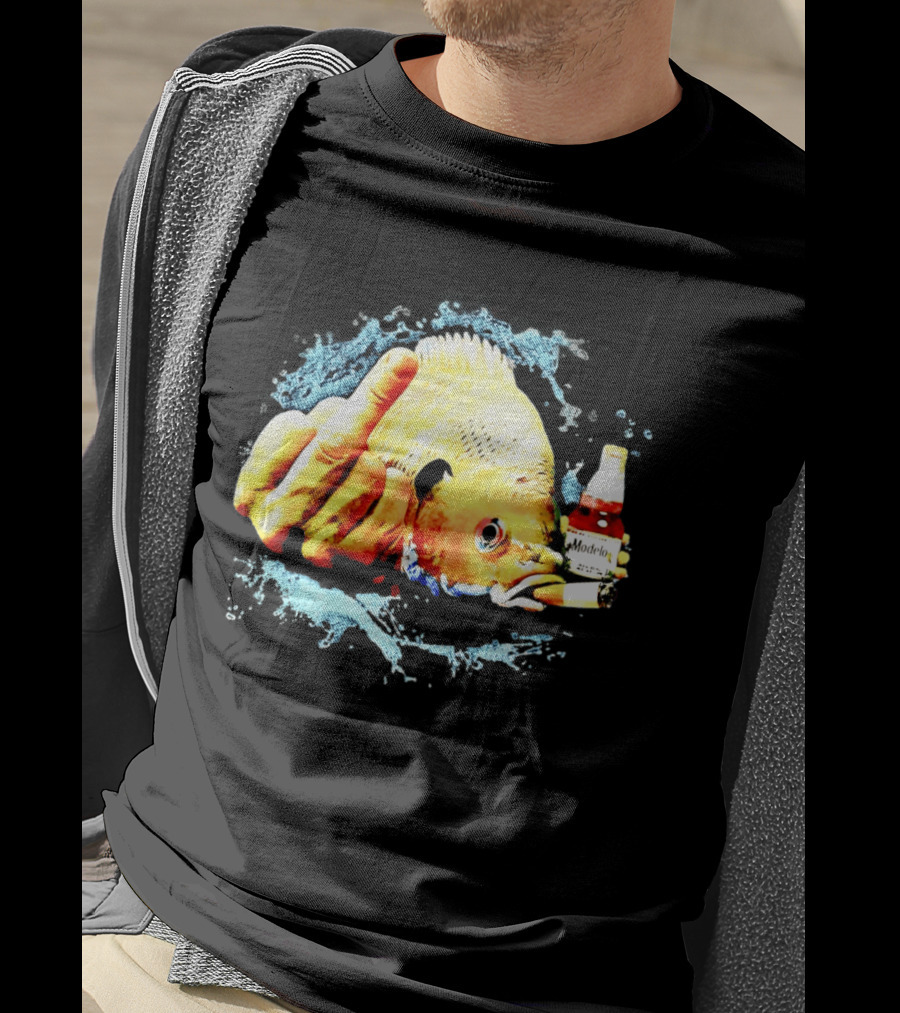 Modelo Beer Fish Smoking Cigarette Middle Finger T-Shirt