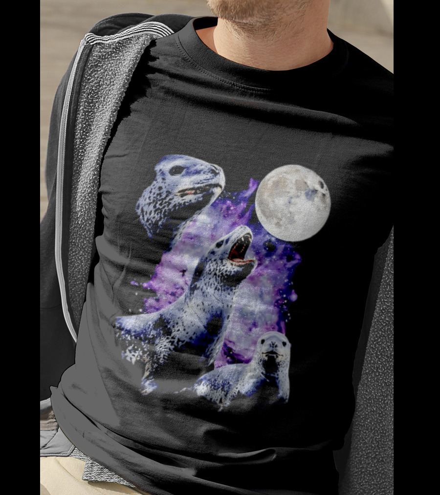 Three Leopard Seals Under Moonlight With Starry Purple Night Sky T-Shirt