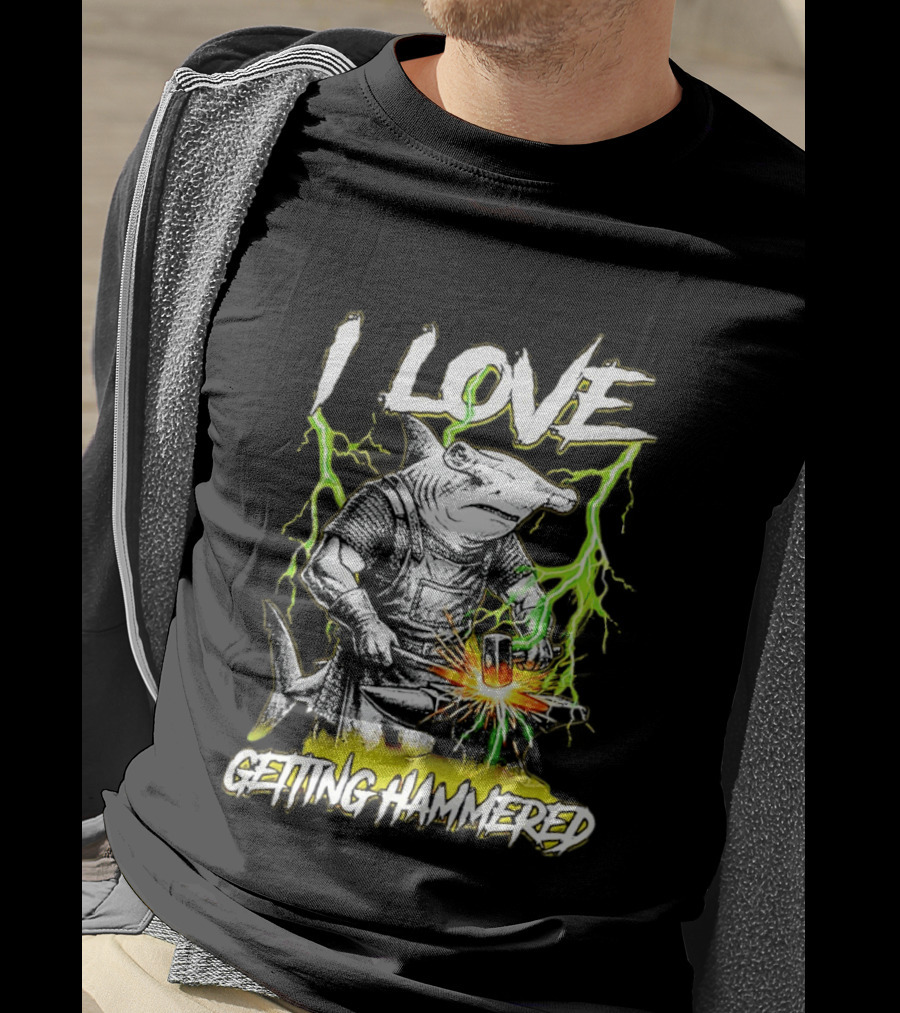 I Love Getting Hammered Hammerhead Shark Lightning Blacksmith Hammering T-Shirt