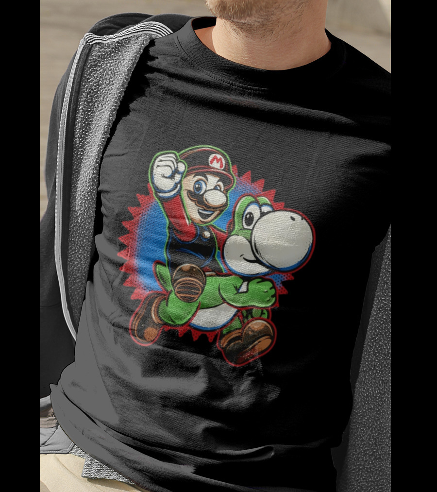 Mario And Yoshi Ride The Green Dino Classic Cartoon Adventure T-Shirt