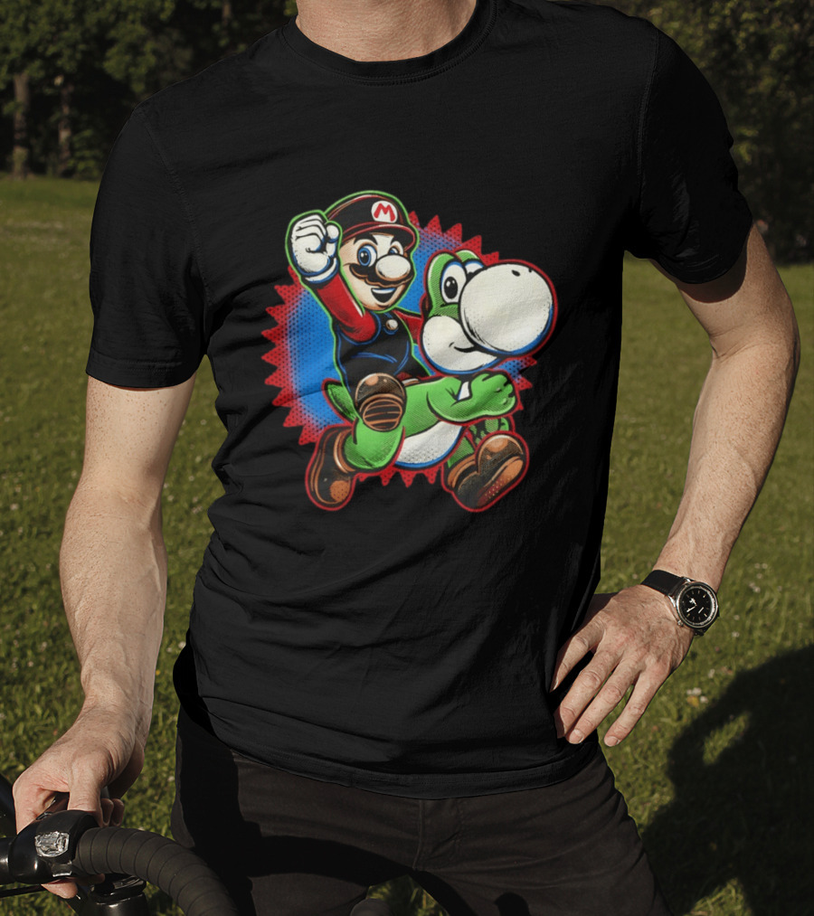 Mario And Yoshi Ride The Green Dino Classic Cartoon Adventure T-Shirt