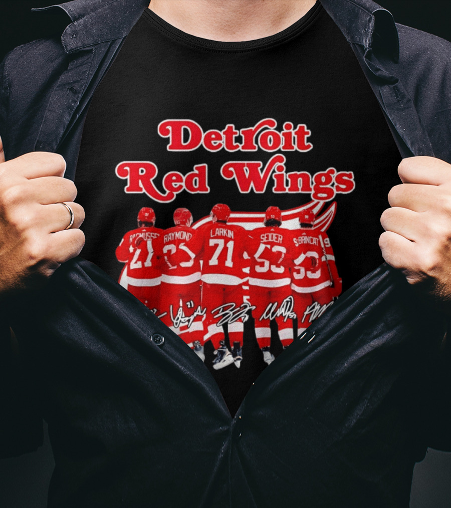 Detroit Red Wings Players Rasmussen Raymond Larkin Seider Branncat Celebrating Victory NHL 2026 Signatures T-Shirt