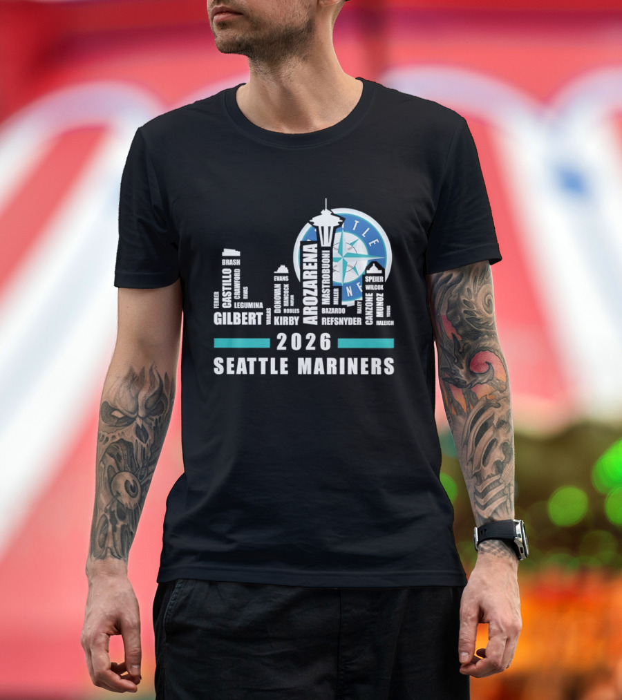 2026 Seattle Mariners City Connect Skyline With Player Names And Space Needle T-Shirt