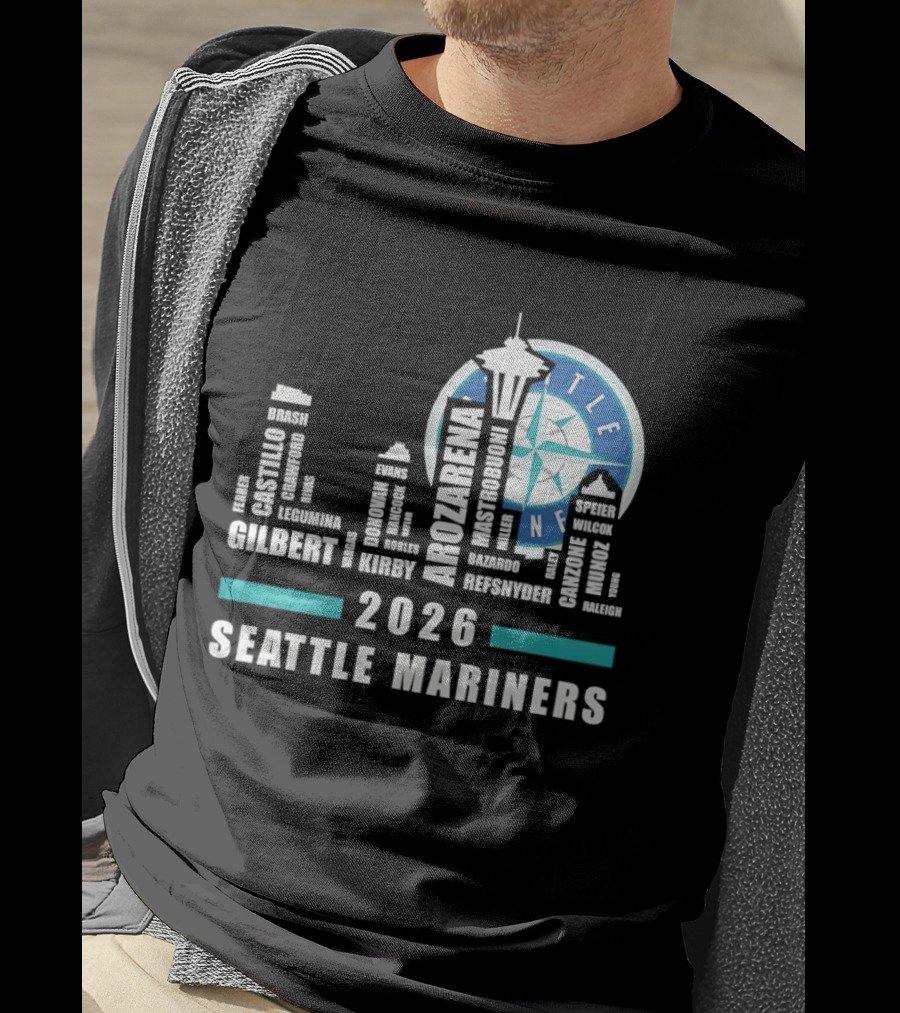 2026 Seattle Mariners City Connect Skyline With Player Names And Space Needle T-Shirt