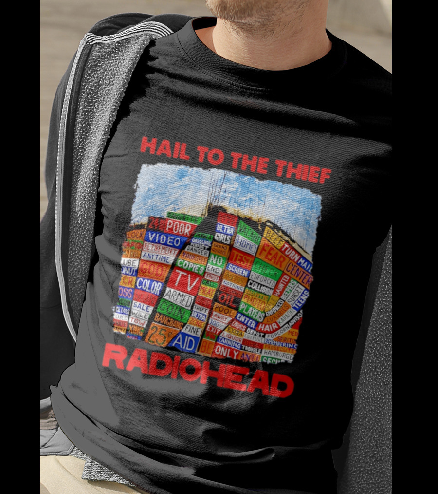 Radiohead Hail To The Thief Album Cover Colorful Text Collage 24HR TV 25 Aid T-Shirt