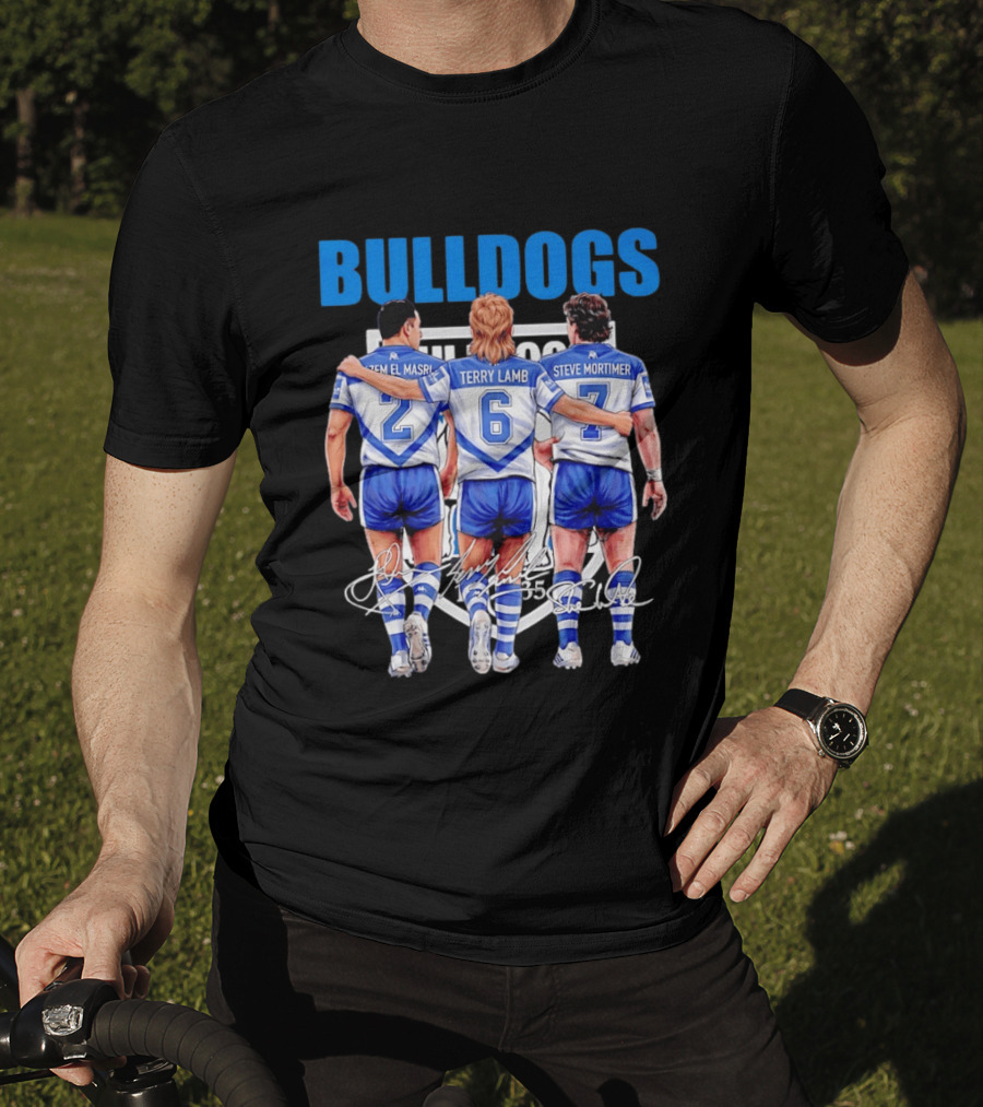 Hazem El Masri Terry Lamb Steve Mortimer Canterbury Bankstown Bulldogs Legends Signatures T-Shirt
