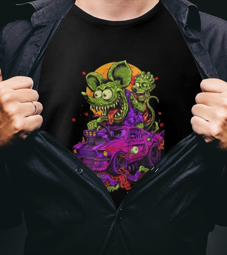 Rat Fink Vs Zombies Classic Monster Car Battle Vintage Horror T-Shirt